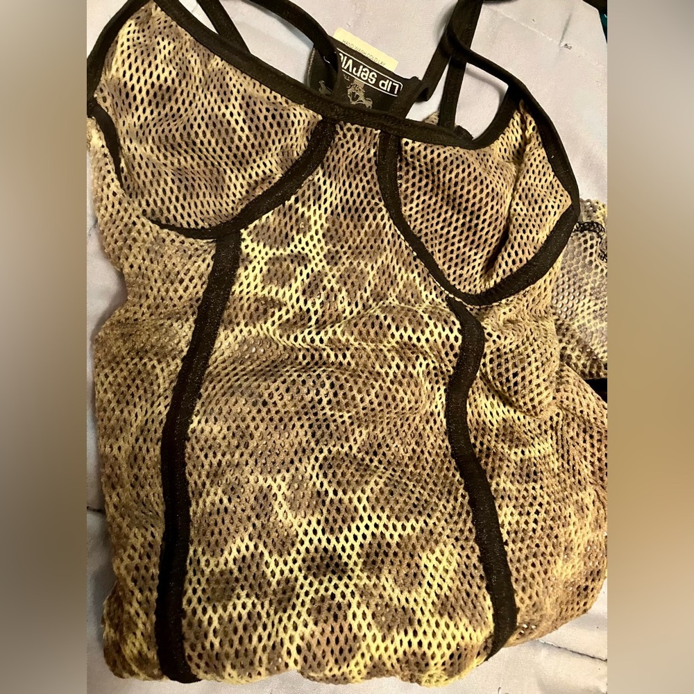 💚 Vintage LIP SERVICE Fashist Fishnet Green Leopard Print Mesh Dress S